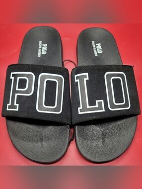 Polo Ralph Lauren Logo Slides Black/White Sz 7 Kids New